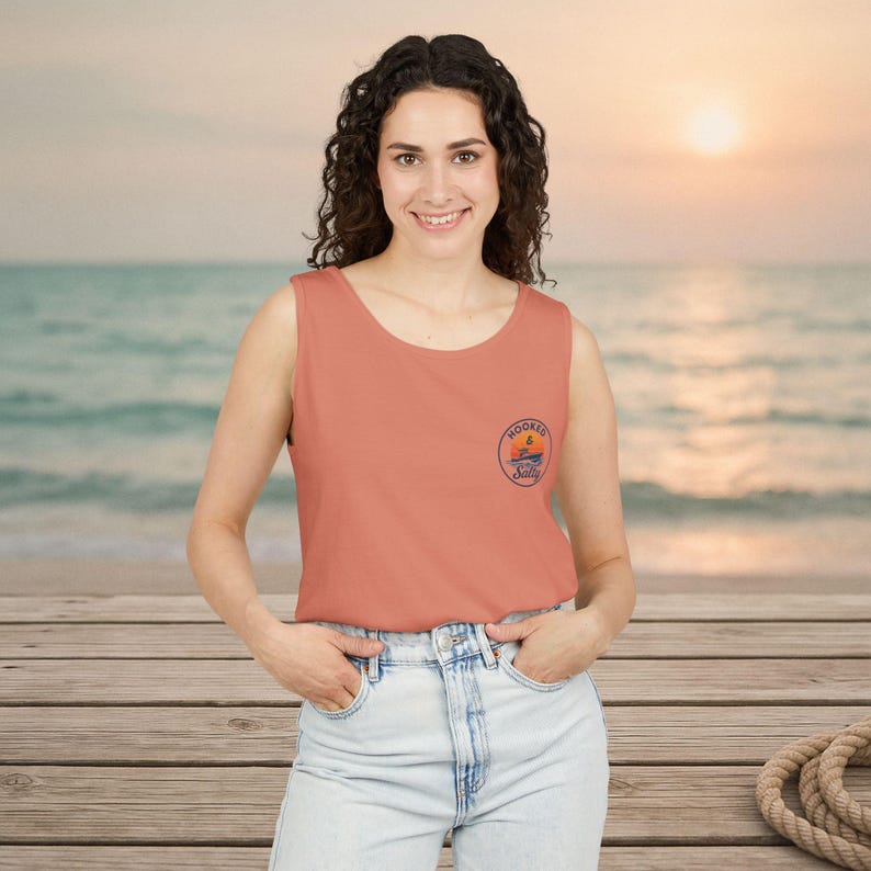 Unisex Beach Vibes Tank Top: Garment-Dyed Cotton, Hooked & Salty Design image 2