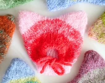 Multi-Coloured Hat with Ears for Devon Rex; Hand-Knitted Alpaca Cat Hat