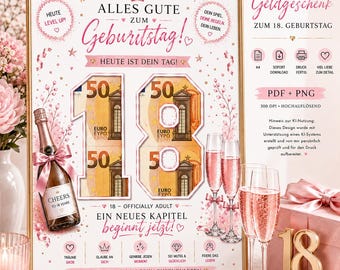 Regalo de dinero para el 18 cumpleaños de una chica | Regalo para jóvenes que cumplen 18 años | Forma creativa de dar dinero | Descarga en PDF y PNG en formato A4, Mayoría de edad