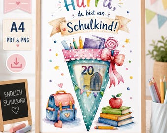 Regalo imprimible de dinero para el inicio del curso escolar | Regalo para escolares | Regalo de dinero con forma de cono escolar | Regalo de vuelta al cole para niños y niñas | PDF PNG A4