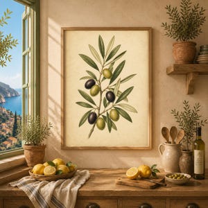 May include: A framed botanical wall art print featuring a detailed illustration of an olive branch with green and black olives and elongated leaves on a cream background, displayed in a kitchen setting with fresh lemons and greenery.
