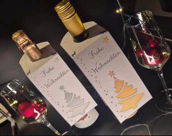 Plantilla DIY para imprimir etiquetas para vino, vino espumoso o botella – Dorada y plateada – Feliz Navidad – 2 elegantes tarjetas autoimprimibles – 8,3 cm x 24 cm y 17,5 x 6 cm