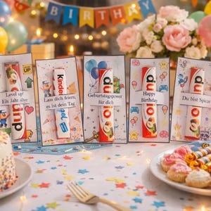DIY 8 bunte Geburtstagskarten mit Steckschlitz für Duplo /Kinderriegel-Karten Kindergeburtstag |Gastgeschenk,Partyartikel,Tischdeko Option 2