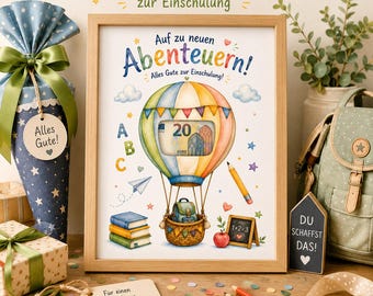 Regalo imprimible de dinero para el inicio del curso escolar | Regalo para escolares | Regalo de dinero con forma de globo aerostático | Regalo de vuelta al cole para niños y niñas | PDF PNG A4