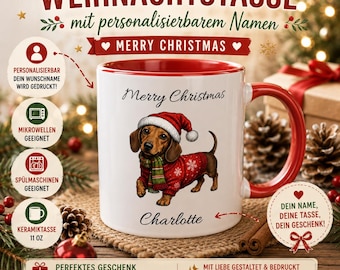 Taza personalizada de perro salchicha con nombre | Taza navideña de perro salchicha | Regalo de Navidad para amantes de los perros | Taza con nombre personalizado | Regalo para perros