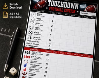 Juego de dados de fútbol imprimible | Juego de touchdown | PDF A4 y A5 + PNG | Descarga instantánea | Juego de fiesta para aficionados al fútbol