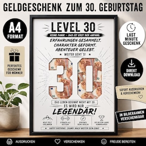 Könnte beinhalten: Ein schwarzer Rahmen mit der Aufschrift "LEVEL 30" und der Zahl "30", gefüllt mit Euro-Banknoten. Der Druck enthält deutschen Text, Symbole und den Satz "Happy Birthday, Champ!" Es ist ein Geschenk zum 30. Geburtstag.