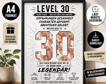 30° compleanno - Regalo per uomo - Regalo in denaro - Download PDF PNG in formato A4 - Idea regalo per uomo per cornici fai da te - Biglietto d'auguri dell'ultimo minuto