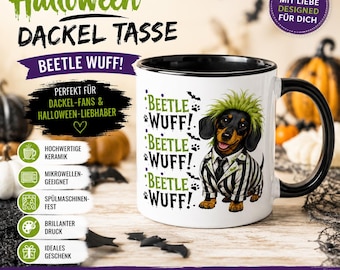 Taza de Halloween con diseño de perro salchicha – Taza de café Beetle Wuff | Divertida taza de Halloween con diseño de perro salchicha | Regalo para dueños de perros | Taza de cerámica de Halloween