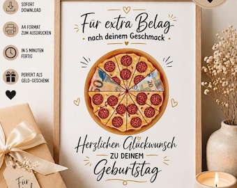 Regalo de cumpleaños en efectivo con pizza – Tarjeta de cumpleaños imprimible en formato A4 para marcos de fotos – Descarga instantánea en PDF/PNG. Tarjeta divertida.