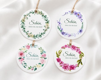 Colgante "Me alegra mucho que estés aquí", redondo de 5 cm, decoración de mesa, decoración de boda, colgante de comunión, etiqueta de regalo, 27 diseños para elegir, cumpleaños