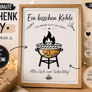 Puede incluir: Impresión enmarcada con un diseño de parrilla, llamas y el número 50, lo que sugiere un tema de cumpleaños. La impresión incluye texto en alemán y se presenta como una idea de regalo DIY.