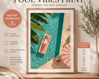 Summer Pool Wall Art Printable, Mediterranean Coastal Poster, Italian Aesthetic, Pink Umbrella Art, Beach Decor Digital Download PDF/JPG