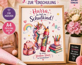 Regalo de dinero con temática de unicornio para niñas que empiezan el colegio | PDF imprimible en A4 | Regalo de vuelta al cole | Descarga instantánea