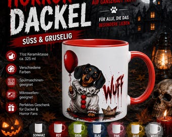 Taza de Halloween con perro salchicha "Guau" | Perro salchicha payaso de terror con globo | Taza de perro espeluznante | Regalo para perros salchicha | Taza de Halloween