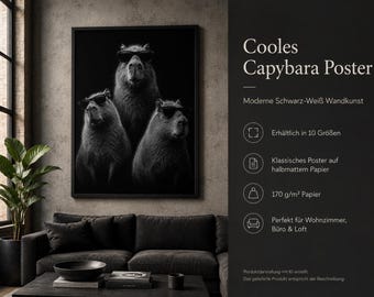 Póster de capibara en blanco y negro | Divertido póster de animales con gafas de sol | Arte mural moderno | Decoración de pared de capibara | Regalo para amantes de los animales