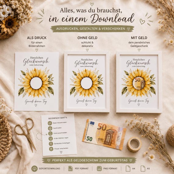 Geldgeschenk Geburtstag Sonnenblume | DIY Geldgeschenk zum Ausdrucken |PDF PNG A4 A5 | Sofortdownload |Bilderrahmen Geschenk |Blumengeschenk
