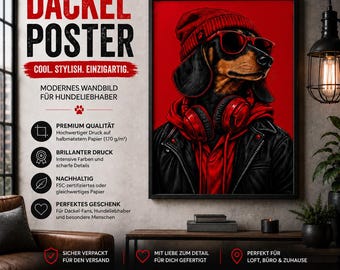 Póster de perro salchicha rojo y negro | Decoración de pared de perro salchicha con gafas de sol | Póster moderno de perro | Decoración de pared para loft | Regalo para los amantes de los perros salchicha