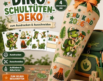 Decoraciones imprimibles para conos escolares de dinosaurios | Primer día de clases 2026 | Kit de manualidades para conos escolares de dinosaurios | Descarga en PDF y PNG | Etiqueta con nombre de dinosaurio