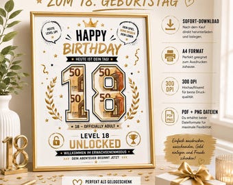 Regalo en efectivo para un chico/hombre de 18 años | Regalo para un 18 cumpleaños | Idea de regalo original para un joven de 18 años | PDF y PNG en formato A4, regalo para hombres