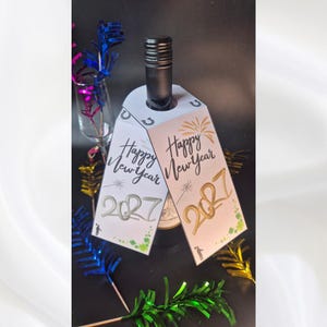 DIY Happy New Year Pendant Print Template –Gold & Silver “Happy New Year” 2 Cards to Print Yourself |2 Templates for Large Bottles
