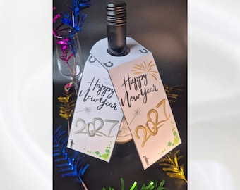 DIY Happy-New-Year Anhänger Druckvorlage – Gold & Silber„Happy New Year“ 2 Karten zum Selberausdrucken | 2 Vorlagen große Flaschen