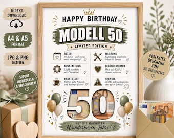 Regalo de dinero imprimible para el 50 cumpleaños | Modelo 50 Edición Limitada | Tarjeta de 50 cumpleaños | Descarga instantánea en tamaños A4 y A5 | Regalo de cumpleaños