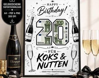 Regalo de dinero para un cumpleaños número 20 | Regalo de cumpleaños divertido para imprimir | Regalo de dinero | Descarga instantánea en PDF y PNG tamaño A4, 20 años