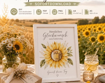 Regalo de dinero de cumpleaños con girasoles | Regalo de dinero imprimible para hacer tú mismo | PDF PNG A4 A5 | Descarga instantánea | Regalo con marco de fotos | Regalo de flores