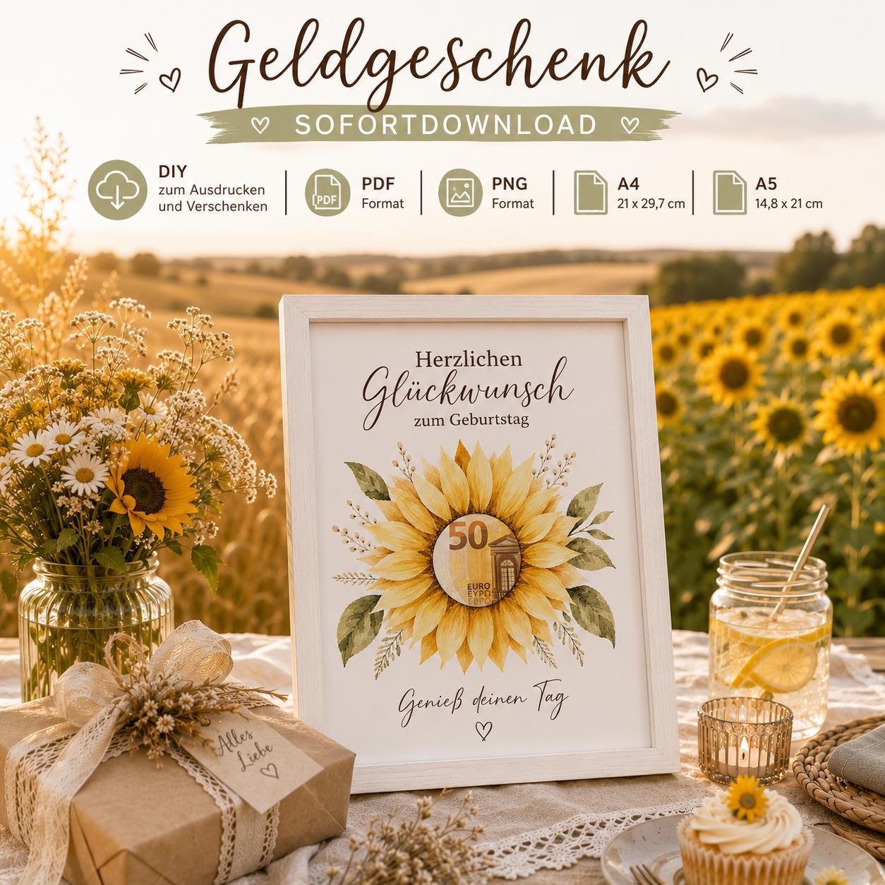 Geldgeschenk Geburtstag Sonnenblume | DIY Geldgeschenk zum Ausdrucken |PDF PNG A4 A5 | Sofortdownload |Bilderrahmen Geschenk |Blumengeschenk