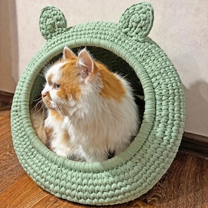 May include: A mint green, crocheted cat bed with ear-shaped details. The circular bed contains a cat with ginger and white fur. The bed is on a wooden floor.