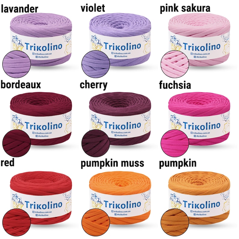 May include: Nine spools of Trikolino yarn in various colors, including lavender, violet, pink sakura, bordeaux, cherry, fuchsia, red, pumpkin muss, and pumpkin. Each spool is labeled with the brand name.