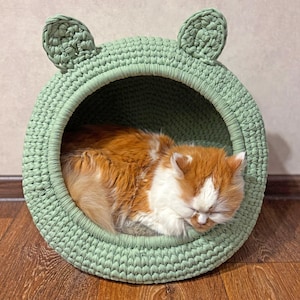 May include: A light green, crocheted cat bed shaped like a frog, with two small ears on top. An orange and white cat is curled up asleep inside the bed. The bed is round with a large opening.