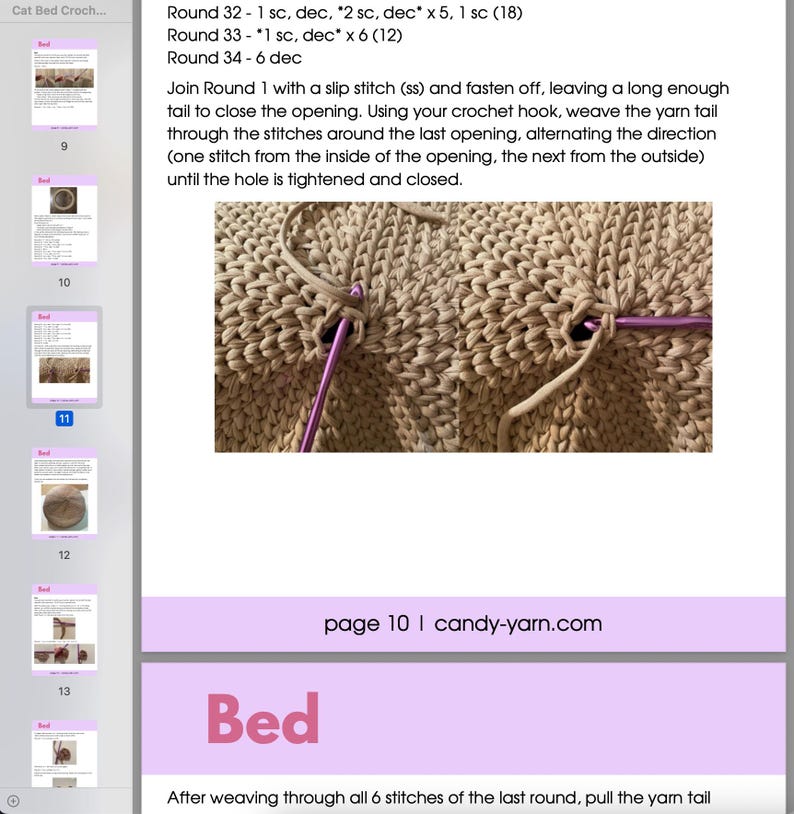 May include: Close-up of a crochet project with beige yarn. A crochet hook is inserted into the fabric, with a long yarn tail visible. The image is from a crochet pattern, with the word "Bed" and "page 10 | candy-yarn.com" visible.