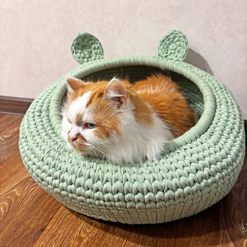 May include: A pale green, crocheted cat bed with two ear-shaped details. An orange and white cat is inside the bed. The bed is circular and rests on a wooden floor.