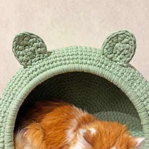 May include: A light green, crocheted cat bed in the shape of a frog. The bed has a round opening and two round ears on top. An orange and white cat is inside the bed.