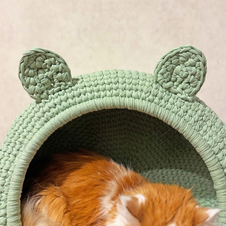 May include: A light green, crocheted cat bed in the shape of a frog. The bed has a round opening and two round ears on top. An orange and white cat is inside the bed.