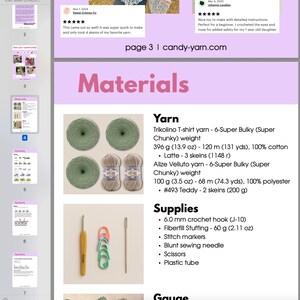 May include: A crochet pattern page displaying materials needed. It shows green and beige yarn balls, a crochet hook, stitch markers, and other supplies. The text includes yarn details, weights in grams, and the website candy-yarn.com.