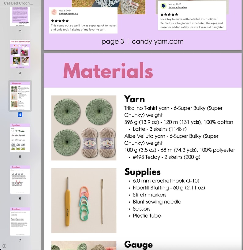 May include: A crochet pattern page displaying materials needed. It shows green and beige yarn balls, a crochet hook, stitch markers, and other supplies. The text includes yarn details, weights in grams, and the website candy-yarn.com.