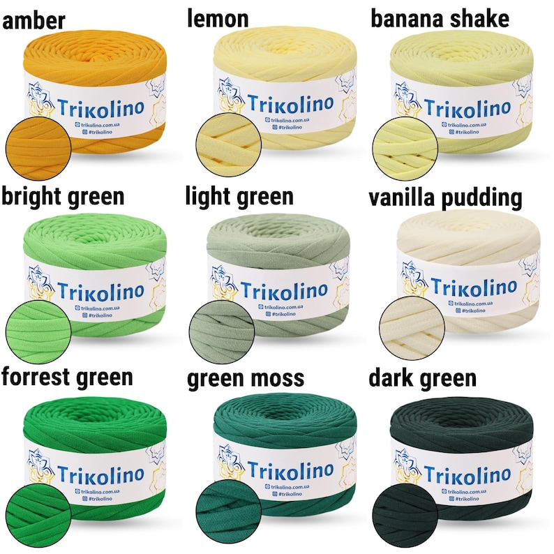 May include: Nine spools of Trikolino yarn in various colors, including amber, lemon, banana shake, bright green, light green, vanilla pudding, forrest green, green moss, and dark green. Each spool is labeled with the brand name.