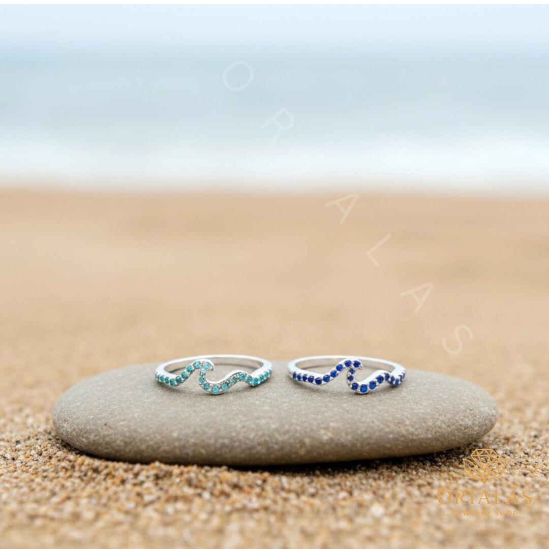 S925 Wave Ring – Ocean Wave Ring With Blue Gems , Dainty Silver Band ...
