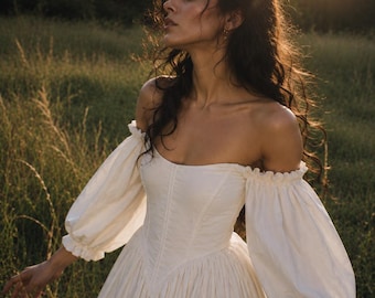 Reversible Puff Sleeve Wedding Dress, Off Shoulder Cottagecore Bridal Dress, Vintage White Maxi Dress, Romantic Boho Gown