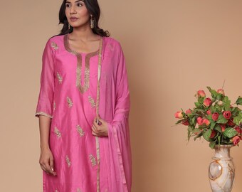 Pink Cotton Suit Set with Dupatta: Festive Indian Zari Embroidery