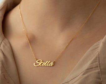 Custom Sterling Silver Name Necklace: Personalized Script 14K Gold Pendant