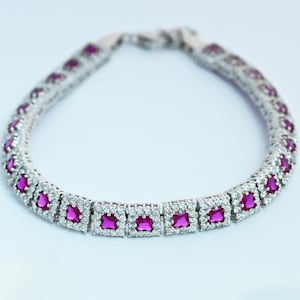 925 Sterling Silver Square Ruby Zirconia Tennis Bracelet, Halo Style, Adjustable Clasp