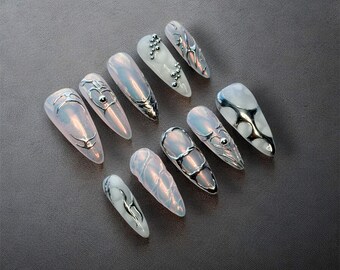 Custom Y2K Press On Nails: Pearl Silver False Nails