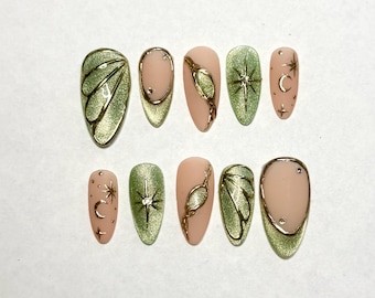 Green Press On Nails: Gold Moon & Star Fairy Design, cateyes premade nails set