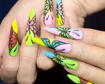 Long Stiletto Press On Nails: Neon Pastel Butterfly Wings