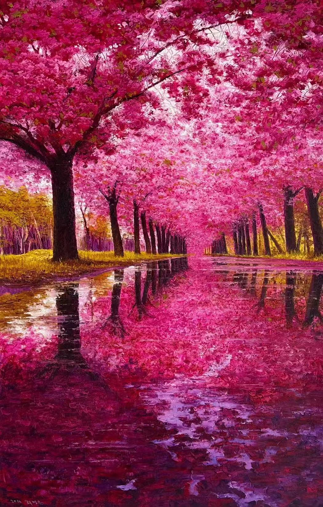 リビングルーム用の抽象的なピンクの木の油絵、キャンバスに描かれた手作りの壁アート、彼女へのギフト - Etsy 日本