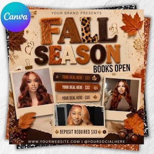 Puede incluir: Un folleto promocional titulado FALL SEASON BOOKS OPEN con tres fotos de una persona con cabello largo color caoba, hojas de otoño decorativas y tres etiquetas rectangulares marrones con el texto YOUR DEAL HERE - $XX y DEPOSIT REQUIRED $XX.